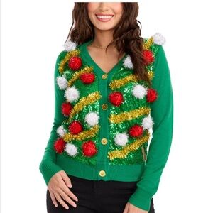 NWT Tipsy Elves Festive Green Sweater with Pom-Poms